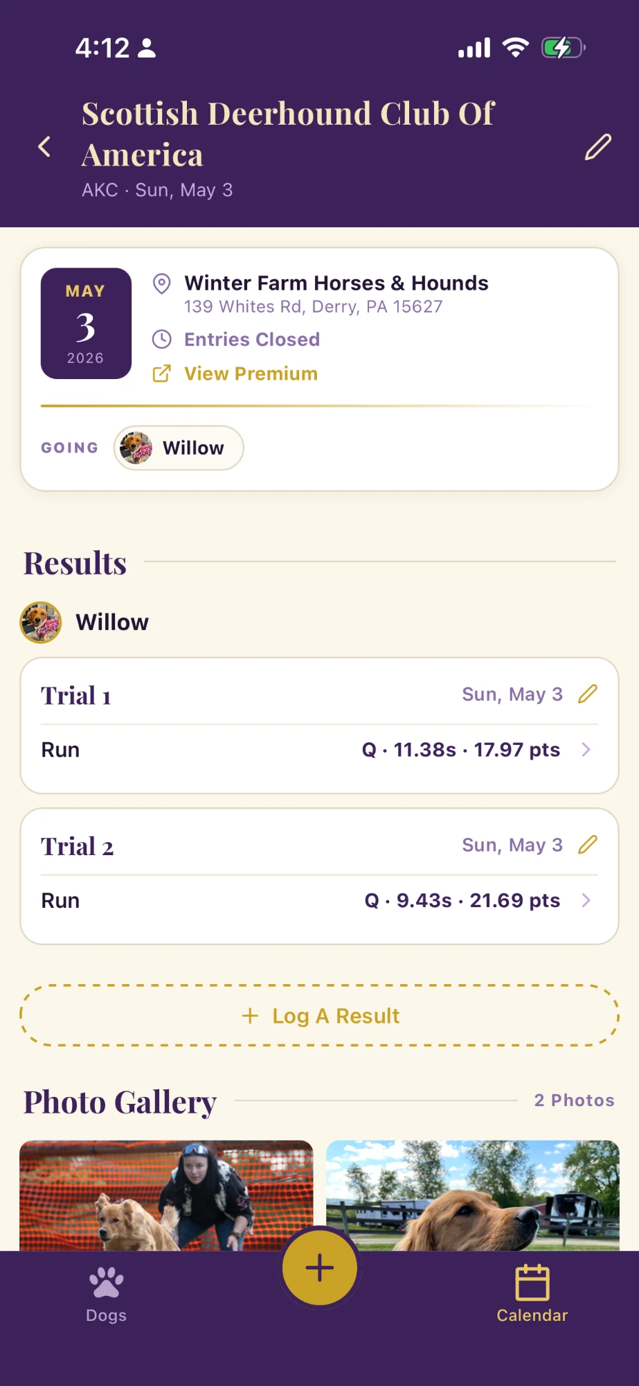 Rosett.io event screen showing trial results and Log A Result